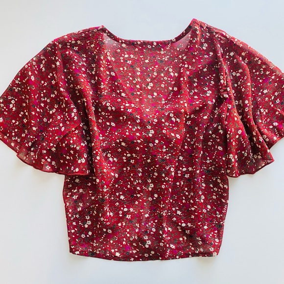 NWOT Red Floral Cinched Tie Blouse - Picture 4 of 12